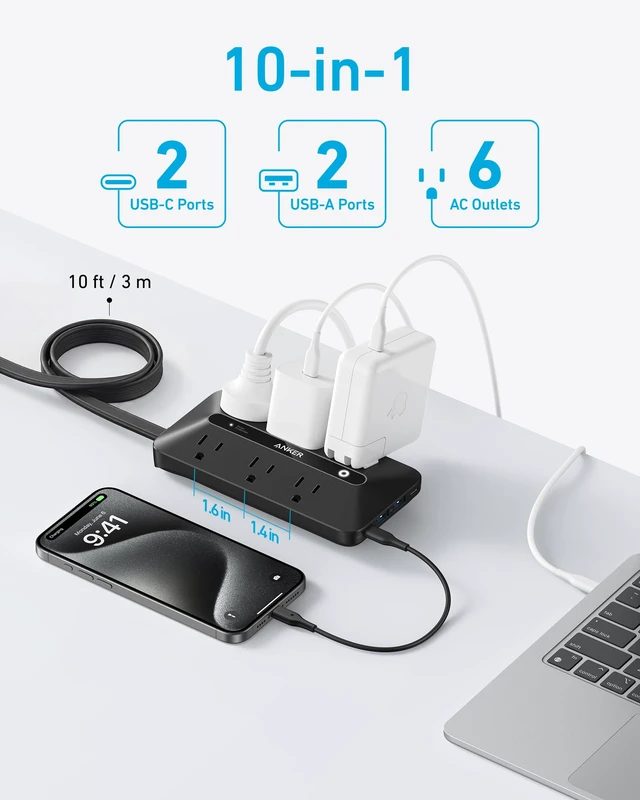 Alt view image 3 of 6 - Power Strip with 300J Surge Protector, 10ft Outlet Extender, 20W, 6AC Flat Plug Extension Cord with Multiple Outlets, 2 USB C, 2 USB A, Dorm Room Essentials, Home Office, TUV Listed