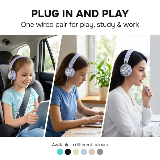 Alt view image 2 of 7 - Wired Headphones for Kids & Adults - Built-in Mic & Volume Control, Kids Headphones for School & Travel, Girls Head Phones for Computer, iPad, Chromebook, Tablet, Smartphone with 3.5mm Aux Cord