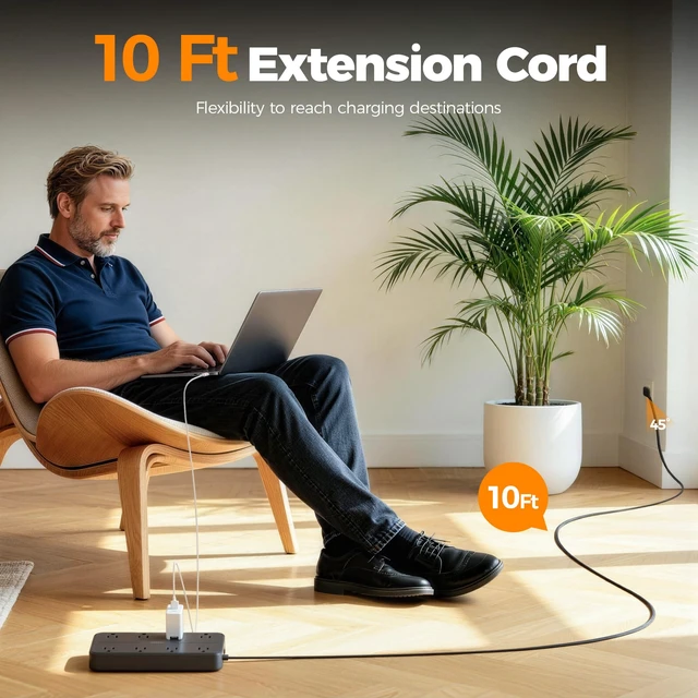 Alt view image 6 of 7 - Power Strip Surge Protector, 10FT Flat Plug Extension Cord 8 Outlets 3 USB Charger(1 USB C), 1080 Joules Protection, Wall Mountable Charging Station for Home Office Dorm, Black
