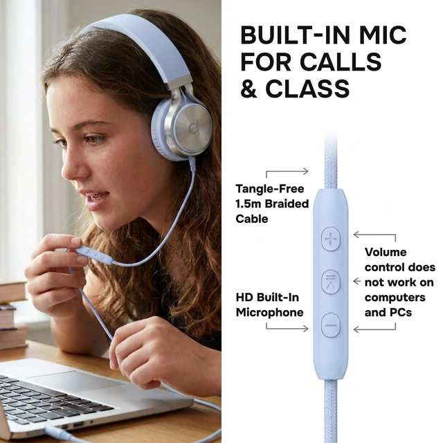 Alt view image 4 of 7 - Wired Headphones for Kids & Adults - Built-in Mic & Volume Control, Kids Headphones for School & Travel, Girls Head Phones for Computer, iPad, Chromebook, Tablet, Smartphone with 3.5mm Aux Cord