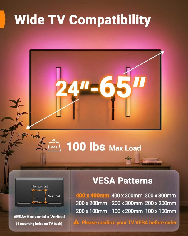 Alt view image 2 of 7 - No Stud TV Wall Mount with LED Light for 2465 inch TVs Studless TV Mount with RGB Light, No Drill, drywall, Easy Install, Low Profile, Max VESA 400x400mm, Holds 100 lbs