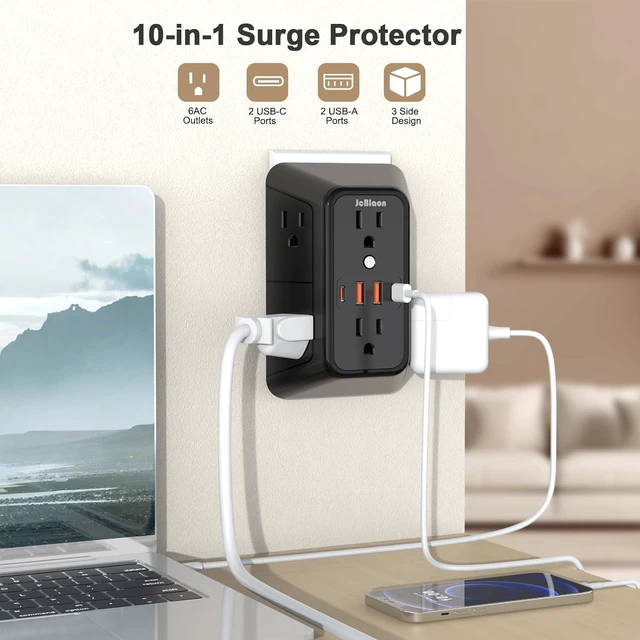 Alt view image 2 of 7 - 3 Pack Outlet Extender Surge Protector, 6 Outlet Splitter with 4 USB Ports (2 USB C),1050J 3-Sided Multi Plug Wall Outlet, USB Wall Charger for Home Office Kitchen TravelBlack-ETL