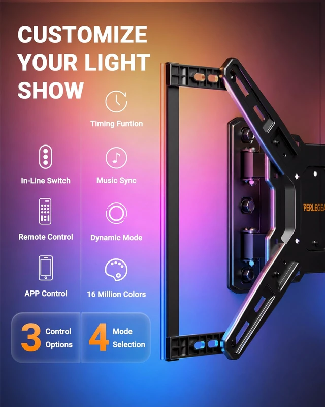 Alt view image 4 of 7 - TV Wall Mount with LED Lights for 2865 Inch TVs up to 82 lbs Full Motion, Swivel TV Mount, Corner Articulating Single Stud Wall Mount TV bracket with Tool-Free Tilt, Max VESA 400x400mm