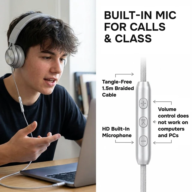Alt view image 4 of 7 - Wired Headphones for Kids & Adults - Built-in Mic & Volume Control, Kids Headphones for School & Travel, Girls & Boys Head Phones for Computer, iPad, Chromebook, Tablet, Laptop 3.5mm Aux Cord