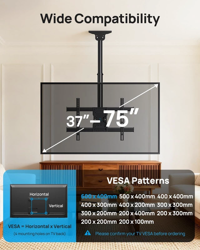 Alt view image 2 of 7 - Ceiling TV Mount for 3775 inch TVs up to 110 lbs 6 adjustable heights, tilt +5/-15°, swivel 360°, level +/-3°, for flat/ sloped ceilings, cable management, max VESA 600x400mm