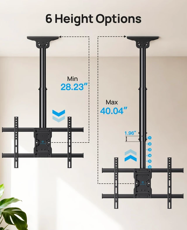 Alt view image 3 of 7 - Ceiling TV Mount for 3775 inch TVs up to 110 lbs 6 adjustable heights, tilt +5/-15°, swivel 360°, level +/-3°, for flat/ sloped ceilings, cable management, max VESA 600x400mm