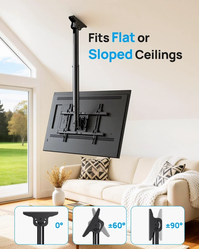 Alt view image 7 of 7 - Ceiling TV Mount for 3775 inch TVs up to 110 lbs 6 adjustable heights, tilt +5/-15°, swivel 360°, level +/-3°, for flat/ sloped ceilings, cable management, max VESA 600x400mm