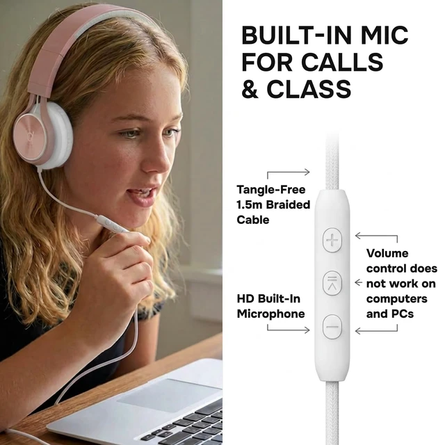 Alt view image 5 of 7 - Wired Headphones for Kids & Adults - Built-in Mic & Volume Control, Kids Headphones for School & Travel, Girls Head Phones for Computer, iPad, Chromebook, Tablet, Smartphone with 3.5mm Aux Cord