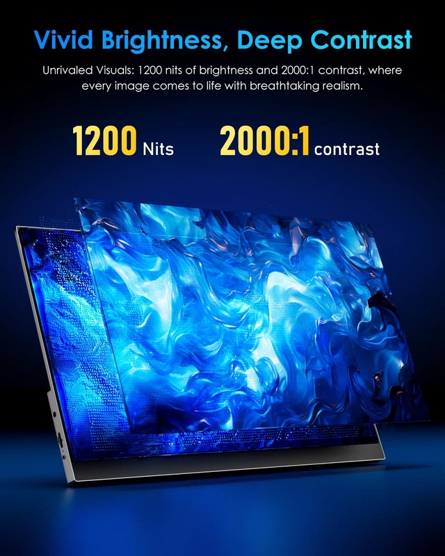 Alt view image 2 of 7 - 4K Portable Monitor, 16" 3840×2400 UHD IPS Travel Screen 1200nit Sunlight-Readable with 145% sRGB, 2000:1 Contrast for Photo Editing Outdoor Work Compatible with Laptop PC Mac PS5 Black