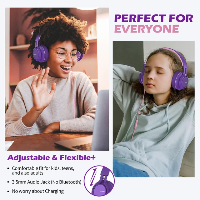 Alt view image 2 of 6 - Kids Wired Headphones with Mic for School Girls Women, 3.5mm, Purple Pink On Ear Headsets and Volume Control Foldable, Corded Computer Chromebook for Children Teens Classroom Online Learning Travel