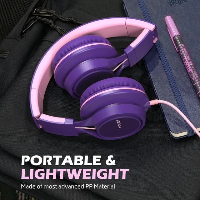 Alt view image 5 of 6 - Kids Wired Headphones with Mic for School Girls Women, 3.5mm, Purple Pink On Ear Headsets and Volume Control Foldable, Corded Computer Chromebook for Children Teens Classroom Online Learning Travel