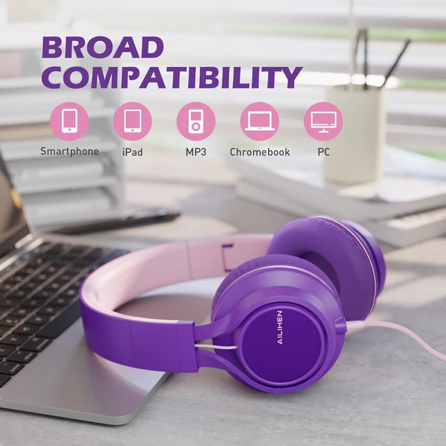 Alt view image 6 of 6 - Kids Wired Headphones with Mic for School Girls Women, 3.5mm, Purple Pink On Ear Headsets and Volume Control Foldable, Corded Computer Chromebook for Children Teens Classroom Online Learning Travel