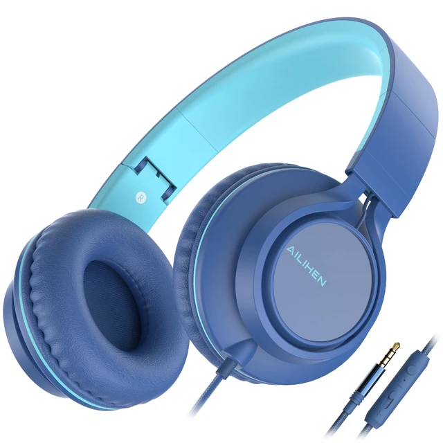Main image of Wired Headphones with Mic for School Kids Boys Girls Teen 3.5mm Jack, Blue On-Ear Headsets with Volume Control, Corded Foldable for Smartphones Chromebook Laptop Computer Tablets Airplane Travel
