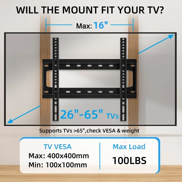 Alt view image 2 of 7 - TV Wall Mount Fixed for Most 26-65 Inch Flat/Curved TVs Max VESA 400X400mm up to 99Lbs Fits 16 Inch Wood Studs, Universal Low Profile Wall Mount TV Bracket, Space Saving HV8401