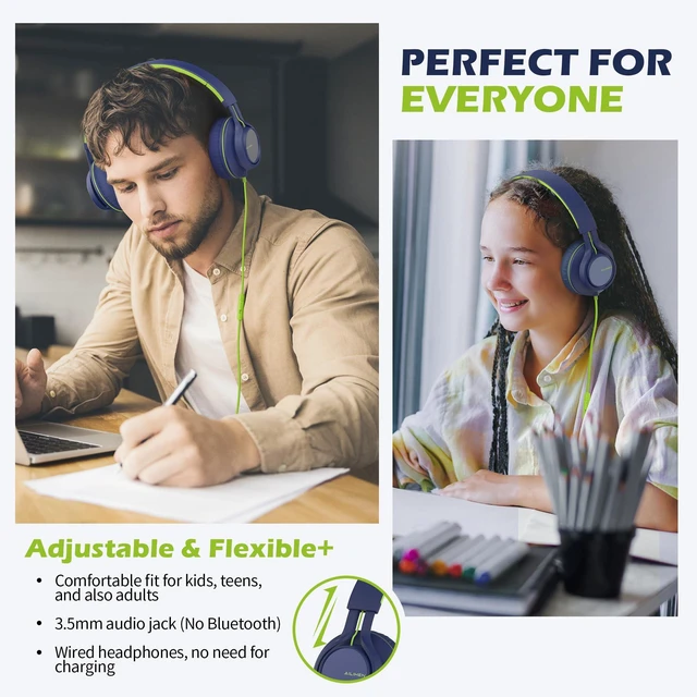 Alt view image 2 of 6 - Wired Headphones with Mic for School Kids Boys Girls Teen 3.5mm, BlueGreen On-Ear Headsets with Volume Control, Corded Foldable for Smartphones Chromebook Laptop Computer Tablets Airplane Travel