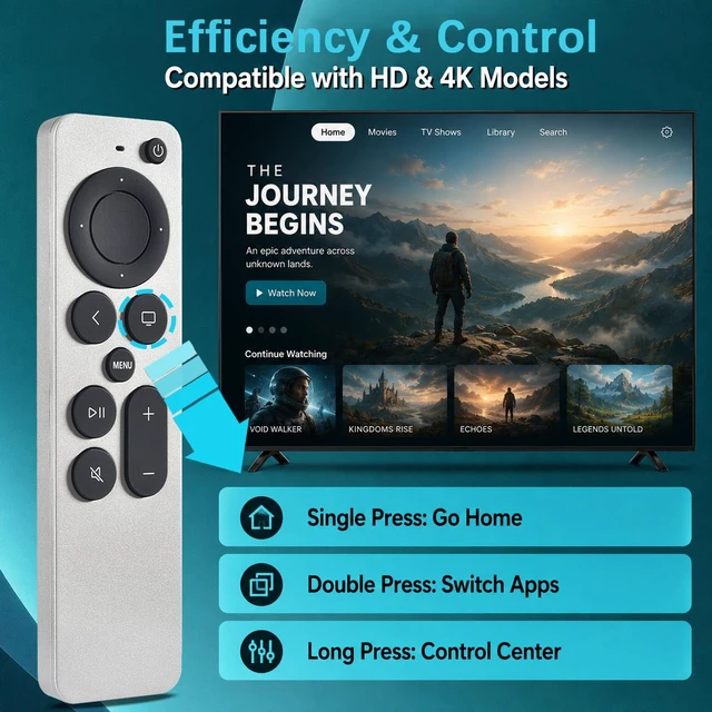 Alt view image 4 of 7 - Replacement Remote for Apple TV, Rechargable and Bluetooth Edition Remote Control for Apple TV HD/4K(1st,2nd,3rd Gen),Compatible with A1625, A1842, A2169, A2737/A2843,With TV control