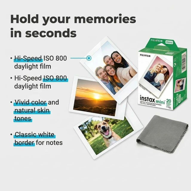 Alt view image 2 of 7 - Instax Mini Instant Film, 20 Sheets White Daylight ISO 800 for Instax Mini 13, 12, 11, 41 Cameras Bundeld with The Tudak Store Microfiber Cleaning Cloth