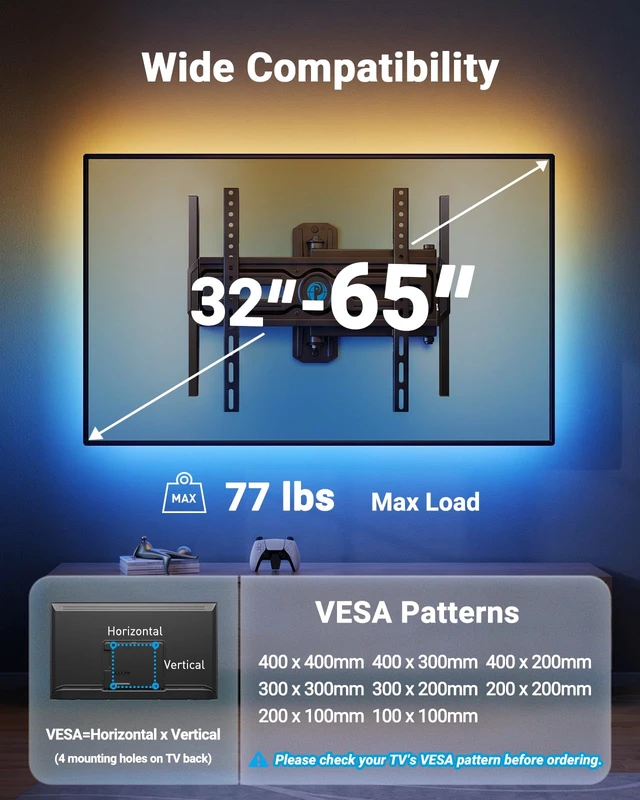 Alt view image 2 of 7 - Full Motion TV Wall Mount with LED Lights for 3265 Inch TVs Corner TV Wall Mount with Full Swivel, Tilt, Extension, 3 Height Options, Pre-Assembled, Max VESA 400 × 400 mm, Holds 77 lbs