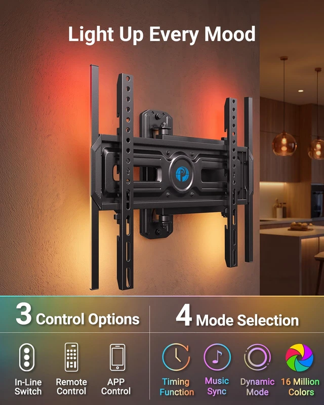 Alt view image 4 of 7 - Full Motion TV Wall Mount with LED Lights for 3265 Inch TVs Corner TV Wall Mount with Full Swivel, Tilt, Extension, 3 Height Options, Pre-Assembled, Max VESA 400 × 400 mm, Holds 77 lbs