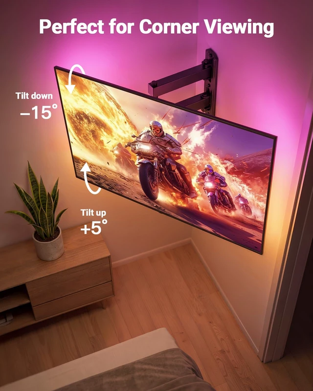 Alt view image 5 of 7 - Full Motion TV Wall Mount with LED Lights for 3265 Inch TVs Corner TV Wall Mount with Full Swivel, Tilt, Extension, 3 Height Options, Pre-Assembled, Max VESA 400 × 400 mm, Holds 77 lbs