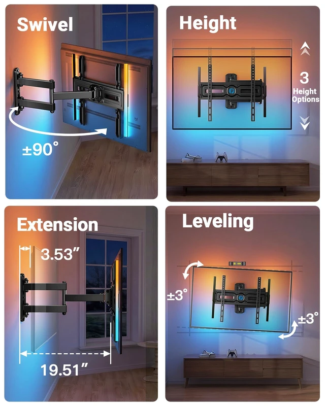 Alt view image 6 of 7 - Full Motion TV Wall Mount with LED Lights for 3265 Inch TVs Corner TV Wall Mount with Full Swivel, Tilt, Extension, 3 Height Options, Pre-Assembled, Max VESA 400 × 400 mm, Holds 77 lbs
