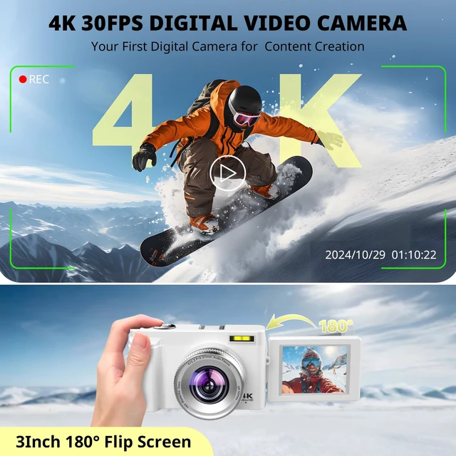 Alt view image 2 of 7 - 4K Digital Camera for Photography Autofocus with Flip Screen, 32GB Card FHD 48MP Vlogging Camera for YouTube, 2 Batteries, 16X Zoom, Anti-Shake, 3" Selfie Compact Travel Camera for Teens Beginners