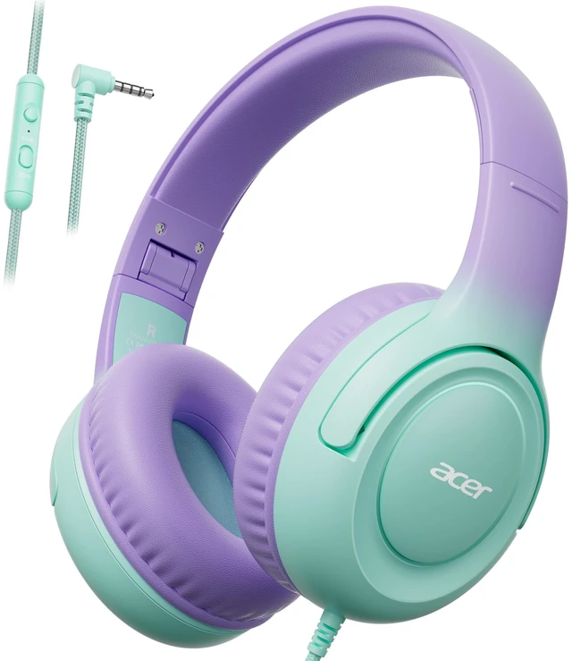 Main image of Kids Headphones for School, 85-94dB Limiter, 3.5mm Jack, w/Mic HK03 Foldable Wired Over Ear Headphones, for Toddler School/Travel/iPad/Tablet, Purple-Green Gradient