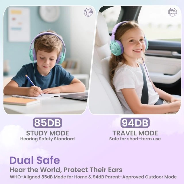 Alt view image 2 of 6 - Kids Headphones for School, 85-94dB Limiter, 3.5mm Jack, w/Mic HK03 Foldable Wired Over Ear Headphones, for Toddler School/Travel/iPad/Tablet, Purple-Green Gradient