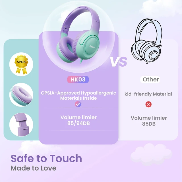 Alt view image 3 of 6 - Kids Headphones for School, 85-94dB Limiter, 3.5mm Jack, w/Mic HK03 Foldable Wired Over Ear Headphones, for Toddler School/Travel/iPad/Tablet, Purple-Green Gradient