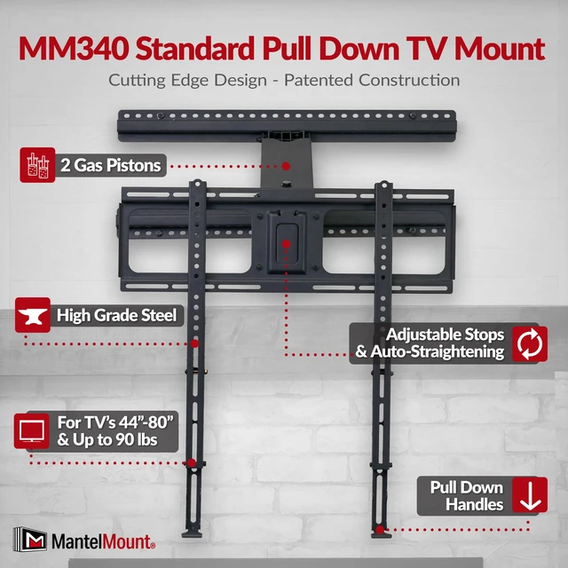 Alt view image 5 of 7 - MM340 Above Fireplace Pull Down TV Mount- Televisions 44" to 80" Up to 90 lbs - Safe Auto-Adjusting TV Mounts - Patented Motion Stops, Handles, Balancing Technology - Superior Steel