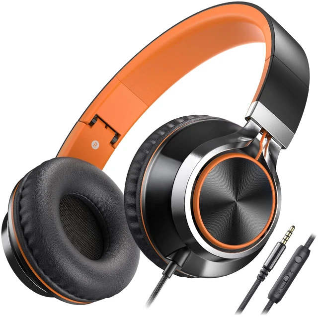 Main image of C8 Kids Wired Headphones with Mic for School, 3.5mm, Black Orange On Ear Headsets and Volume Control Foldable, Corded Computer Chromebook for Boys Girls Teen Classroom Online Learning Travel