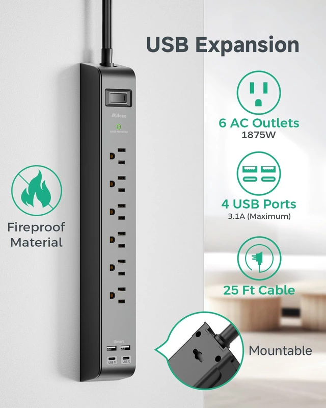 Alt view image 3 of 7 - 2 Pack Power Strips Surge Protector, 25FT Flat Extension Cord, Flat Plug 6 Outlets 4 USB Charging Ports, Overload Protection, Wall Mount for Home Dorm Office