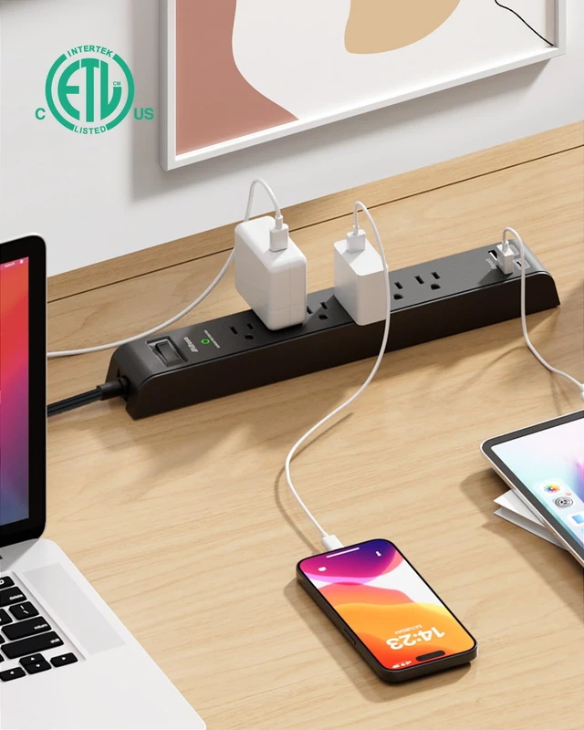 Alt view image 2 of 7 - 2 Pack Power Strips Surge Protector, 25FT Flat Extension Cord, Flat Plug 6 Outlets 4 USB Charging Ports, Overload Protection, Wall Mount for Home Dorm Office