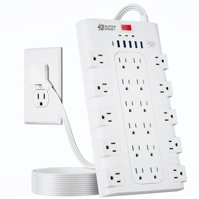 Main image of Flat Plug Power Strip Surge Protector, 10Ft, 22 AC 6 USB, 2100J 5A1C, 1875W/15A, Heavy Duty Extension Cord with Multiple Outlets, Outlet Extender for Home, Office, Dorm, Gaming Room, White