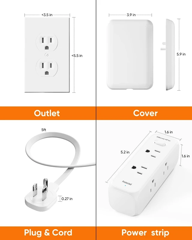 Alt view image 6 of 6 - Flat Extension Cord with Outlet Cover, Flat Plug Power Strip with 6 Outlets, 5 FT Cord Hidden Outlet Extender for Tight Spaces