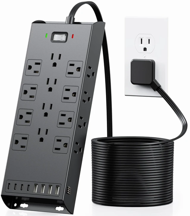 Main image of Surge Protector Power Strip 4800J, 10Ft Long Extension Cord Flat Plug, 20 Outlets 8 USB Ports(4 USB-C), Wall Mountable, Desk Charging Station, Black