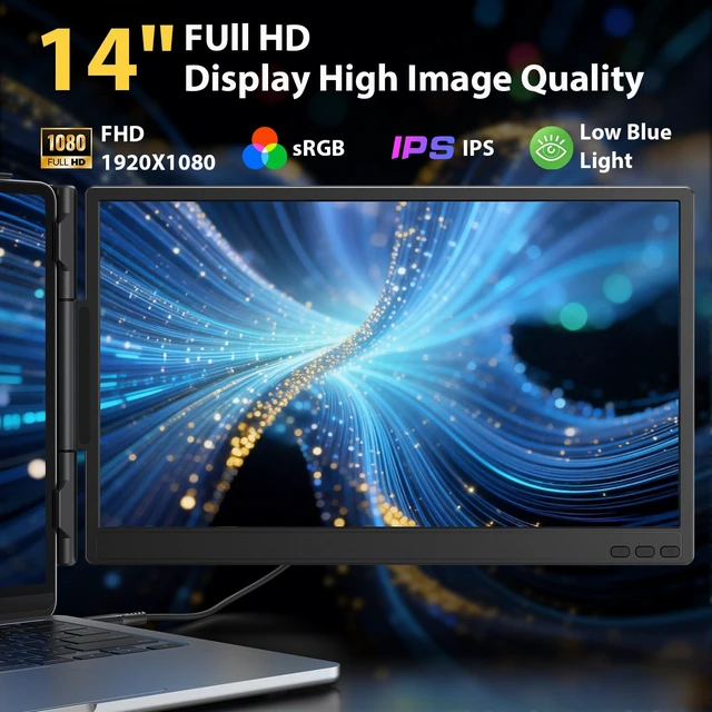 Alt view image 3 of 7 - 14'' Dual Laptop Screen Extender, 1080P FHD Laptop Extended Monitor Portable with Speaker, Plug-Play Second Monitor for 13-16'' Laptops, Work with Mac, Window, Chrome
