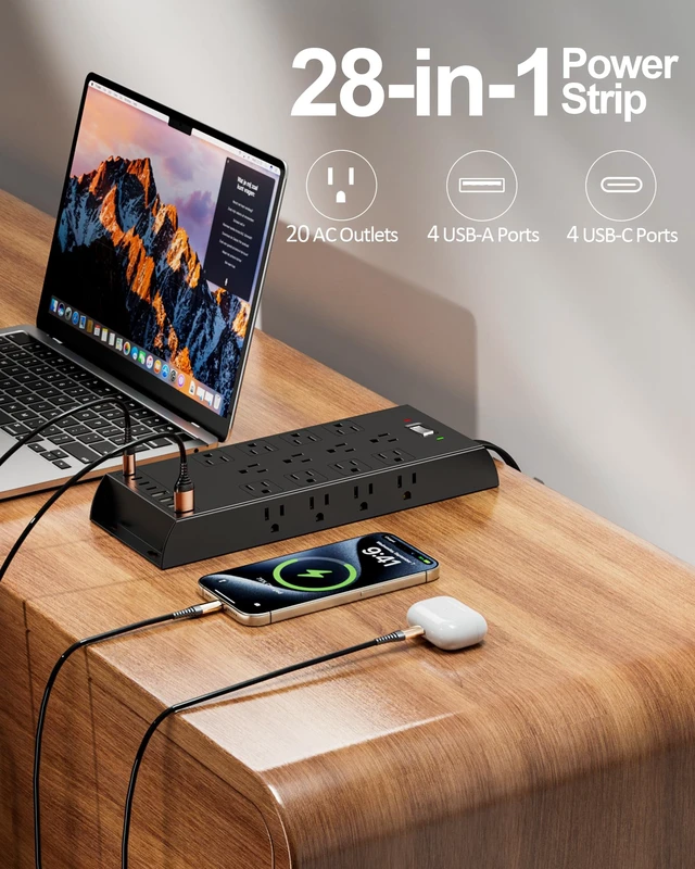 Alt view image 2 of 7 - Surge Protector Power Strip 4800J, 10Ft Long Extension Cord Flat Plug, 20 Outlets 8 USB Ports(4 USB-C), Wall Mountable, Desk Charging Station, Black