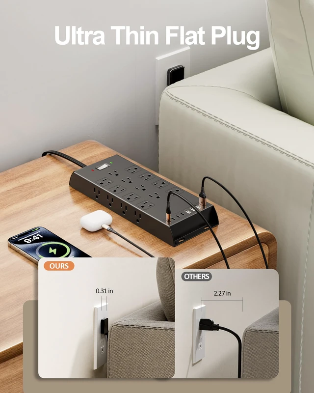 Alt view image 3 of 7 - Surge Protector Power Strip 4800J, 10Ft Long Extension Cord Flat Plug, 20 Outlets 8 USB Ports(4 USB-C), Wall Mountable, Desk Charging Station, Black