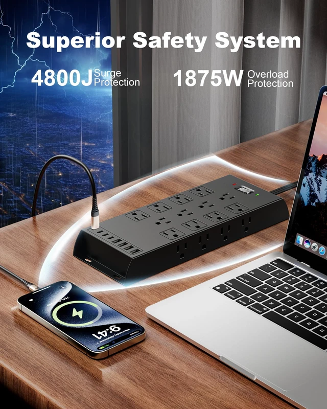 Alt view image 4 of 7 - Surge Protector Power Strip 4800J, 10Ft Long Extension Cord Flat Plug, 20 Outlets 8 USB Ports(4 USB-C), Wall Mountable, Desk Charging Station, Black
