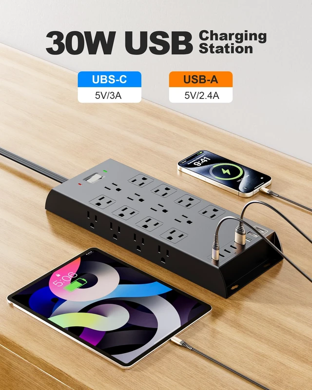 Alt view image 6 of 7 - Surge Protector Power Strip 4800J, 10Ft Long Extension Cord Flat Plug, 20 Outlets 8 USB Ports(4 USB-C), Wall Mountable, Desk Charging Station, Black
