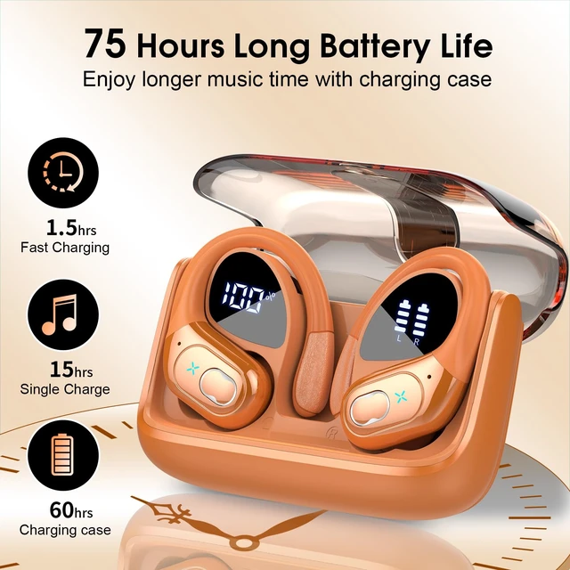 Alt view image 2 of 7 - Wireless Earbuds 75H Bluetooth 5.4 Sport Headphones with Earhooks IPX7 Waterproof In-ear Buds Feature ENC Noise Cancelling Mic. Stereo Sound Device for Gym Running Workout, Cosmic Orange