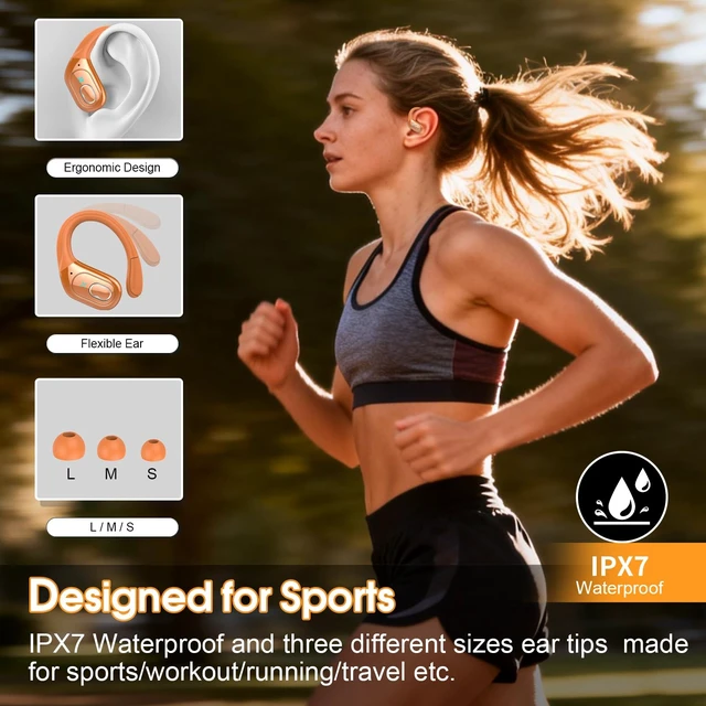 Alt view image 3 of 7 - Wireless Earbuds 75H Bluetooth 5.4 Sport Headphones with Earhooks IPX7 Waterproof In-ear Buds Feature ENC Noise Cancelling Mic. Stereo Sound Device for Gym Running Workout, Cosmic Orange