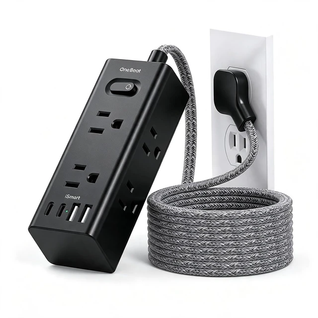 Main image of 5 Ft Surge Protector Power Strip, Flat Plug Extension Cord, Black 6 Outlets 4 USB Ports (2 USB C), Wall Mount Small Power Strip for Travel Home Office College Dorm Essentials Charging Station