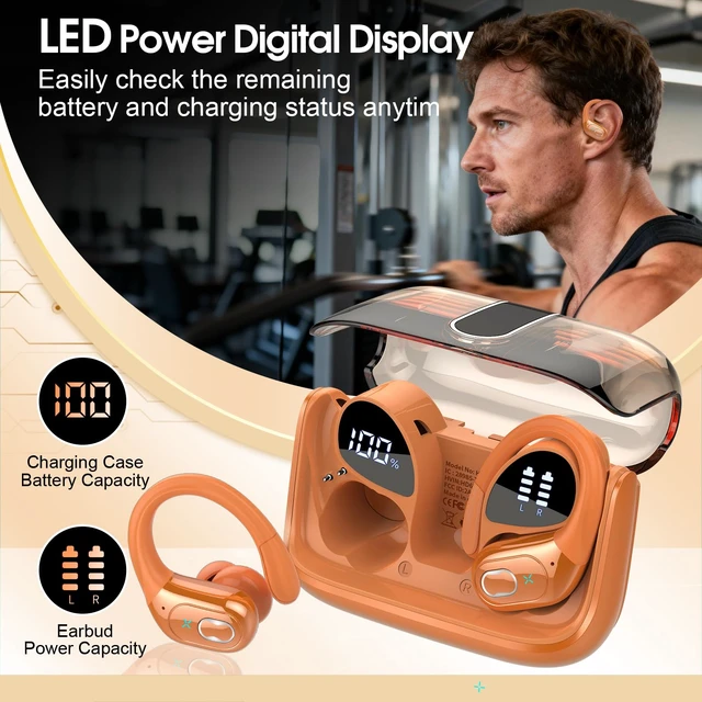 Alt view image 6 of 7 - Wireless Earbuds 75H Bluetooth 5.4 Sport Headphones with Earhooks IPX7 Waterproof In-ear Buds Feature ENC Noise Cancelling Mic. Stereo Sound Device for Gym Running Workout, Cosmic Orange