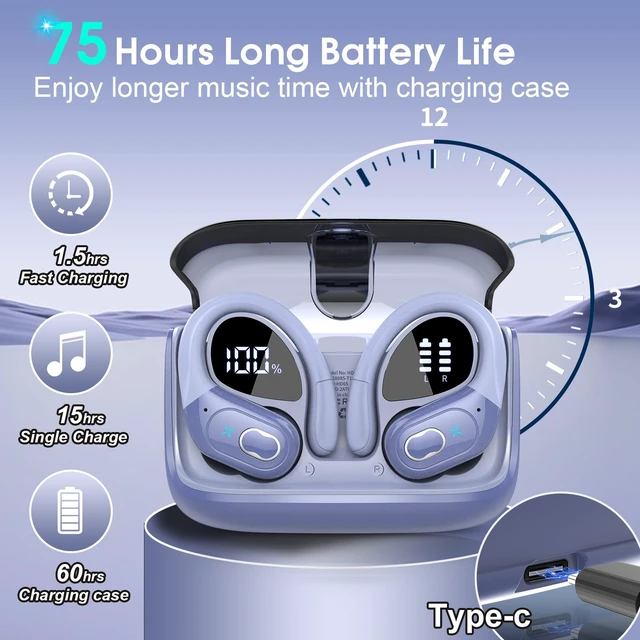 Alt view image 2 of 7 - Wireless Earbuds 75H Bluetooth 5.4 Sport Headphones with Earhooks IPX7 Waterproof In-ear Buds Feature ENC Noise Cancelling Mic. Stereo Sound Device for Gym Running Workout, Purple Blue
