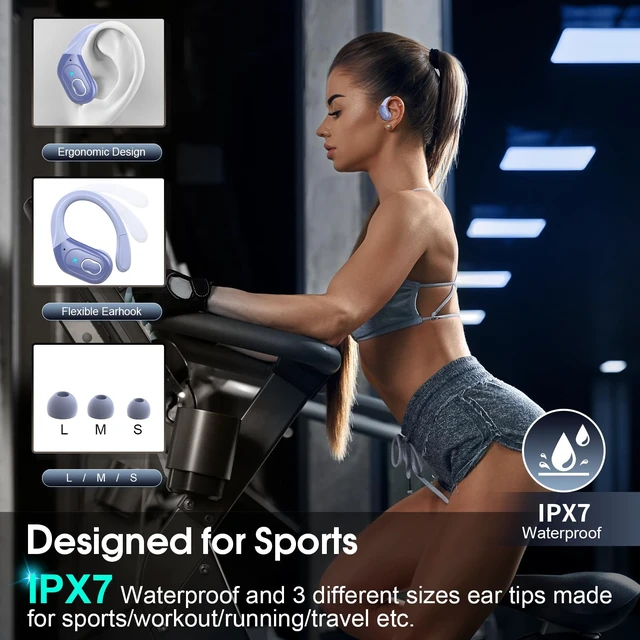 Alt view image 3 of 7 - Wireless Earbuds 75H Bluetooth 5.4 Sport Headphones with Earhooks IPX7 Waterproof In-ear Buds Feature ENC Noise Cancelling Mic. Stereo Sound Device for Gym Running Workout, Purple Blue