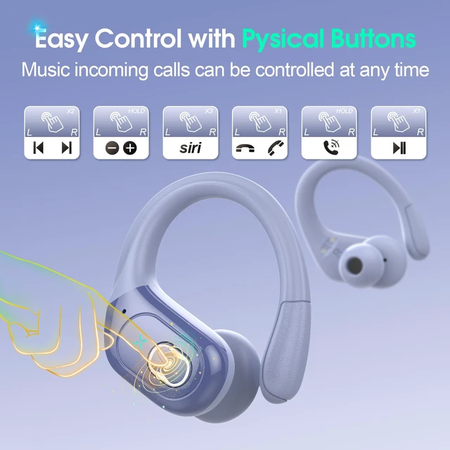 Alt view image 7 of 7 - Wireless Earbuds 75H Bluetooth 5.4 Sport Headphones with Earhooks IPX7 Waterproof In-ear Buds Feature ENC Noise Cancelling Mic. Stereo Sound Device for Gym Running Workout, Purple Blue