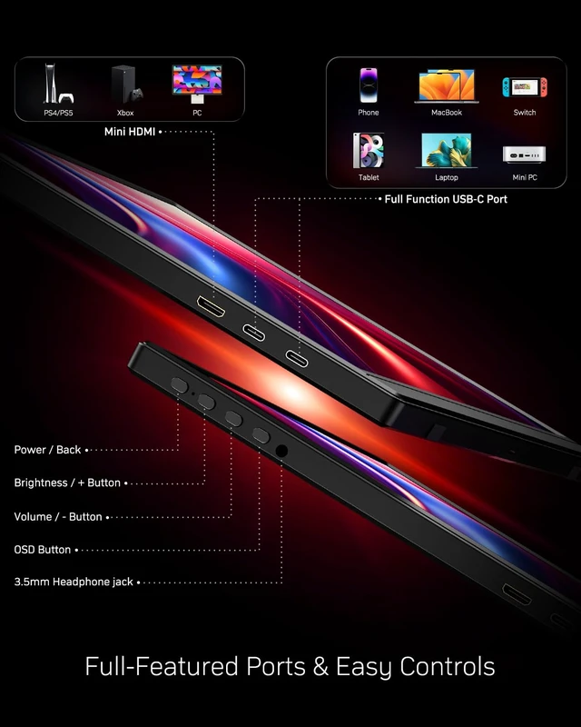 Alt view image 5 of 7 - Portable Monitor 16 inch 1200P 144Hz IPS HDR Ultra-Slim Gaming Monitor Dual Speakers USB-C HDMI Second Screen for Laptop PC Mac Phone Xbox PS4/5 Switch, VESA Kickstand, Zero Frame Travel