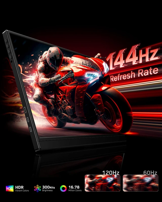 Alt view image 2 of 7 - Portable Monitor 16 inch 1200P 144Hz IPS HDR Ultra-Slim Gaming Monitor Dual Speakers USB-C HDMI Second Screen for Laptop PC Mac Phone Xbox PS4/5 Switch, VESA Kickstand, Zero Frame Travel